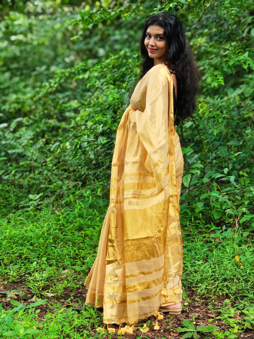 Golden Tissue Saree [ONS260002](Free Ship)