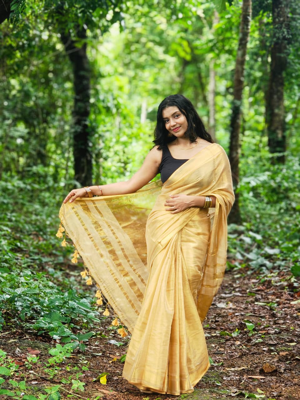 Golden Tissue Saree [ONS260002](Free Ship)
