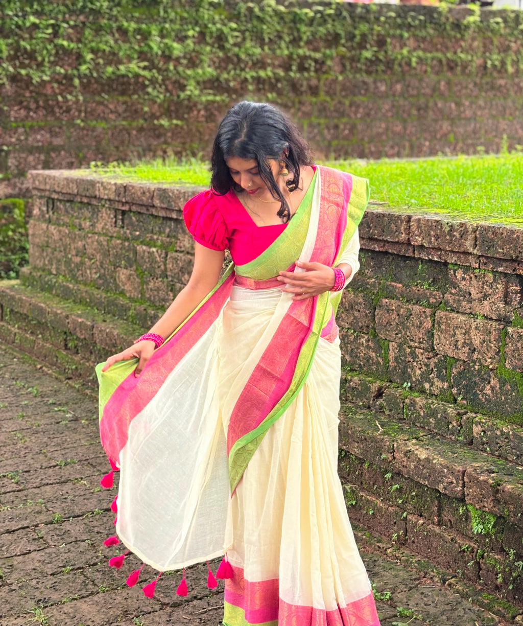 Mulcotton Saree with Banarasi Border (Free Ship)-2