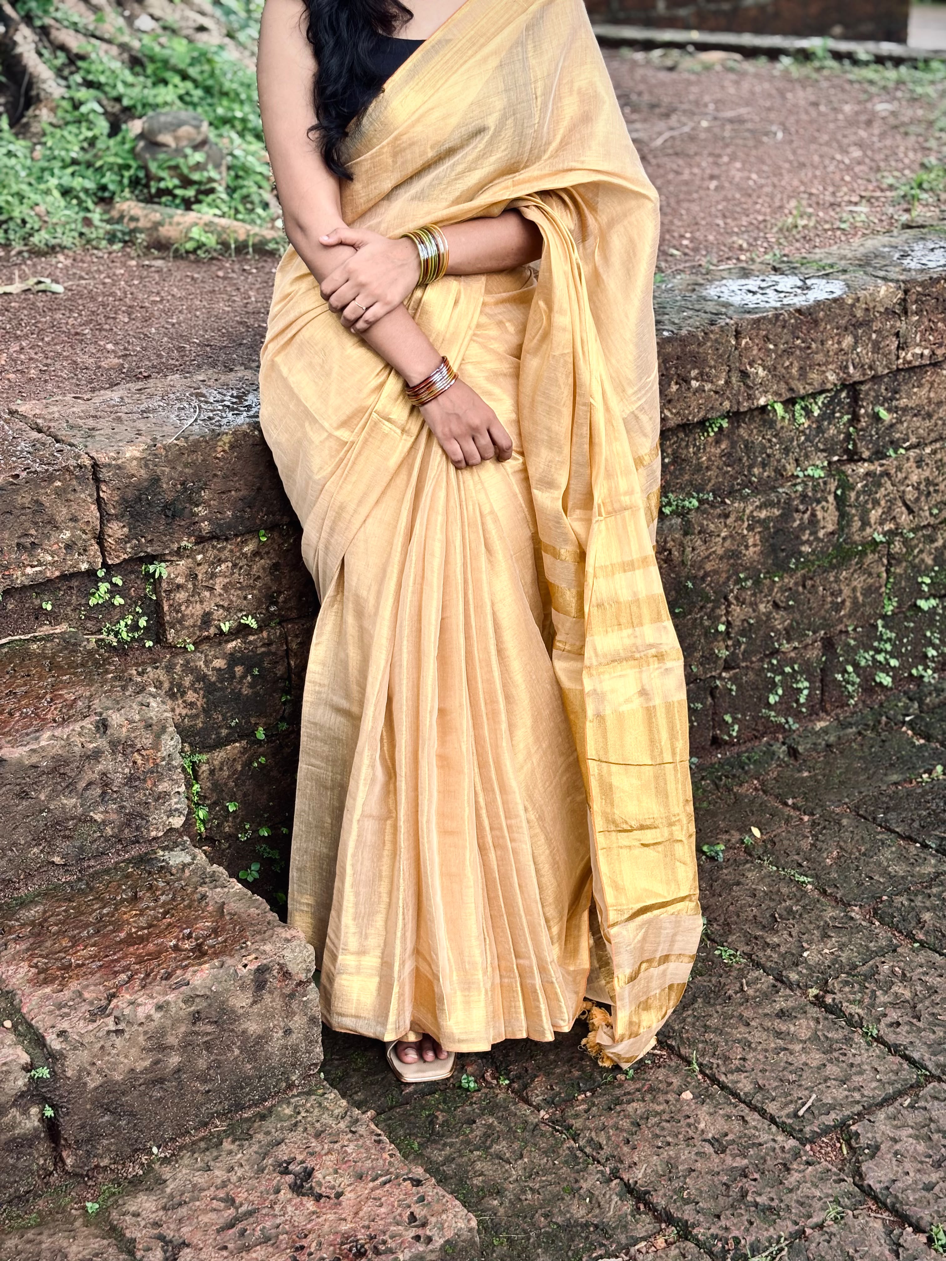Golden Tissue Saree [ONS260002](Free Ship)