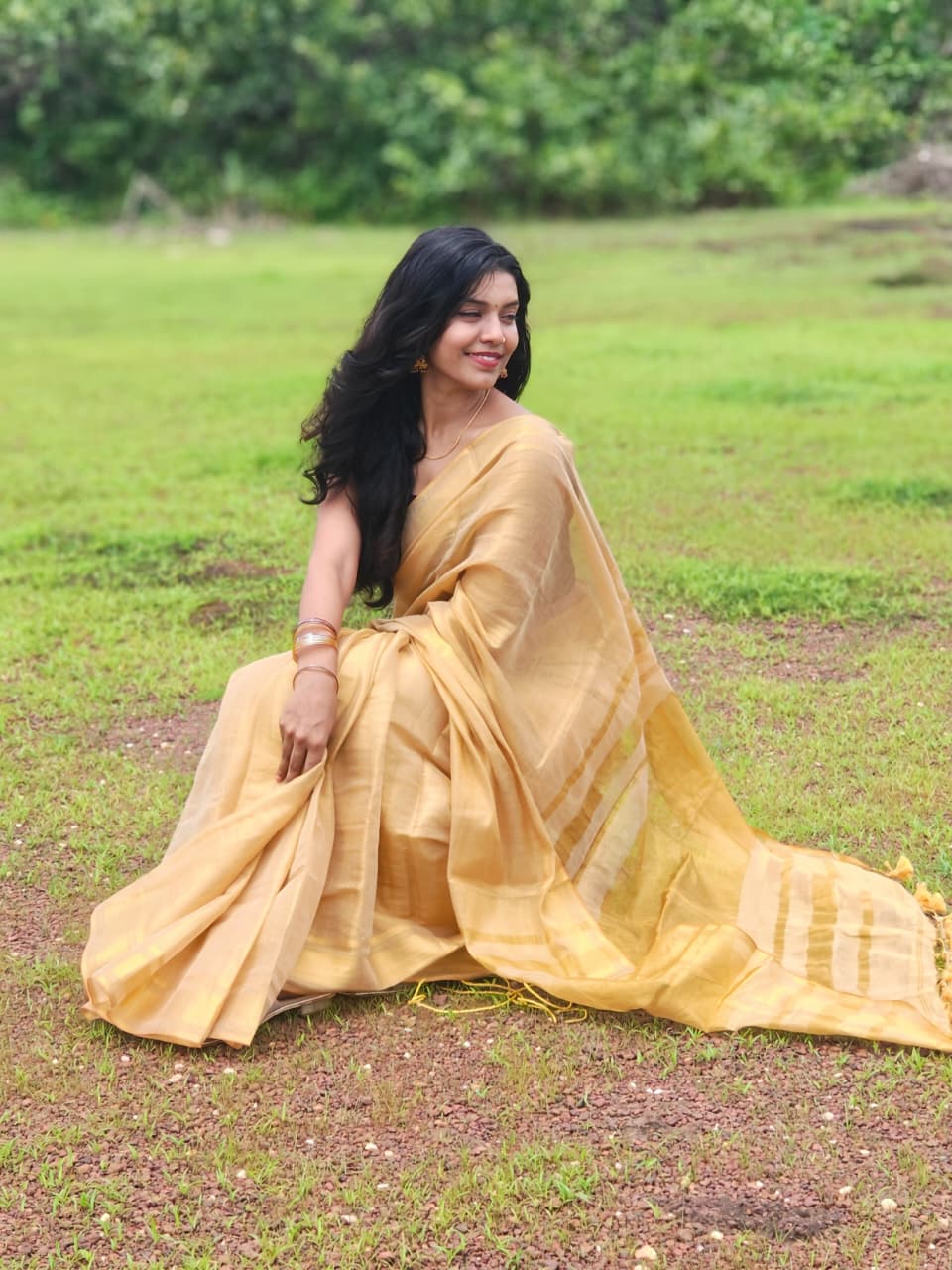 Golden Tissue Saree [ONS260002](Free Ship)