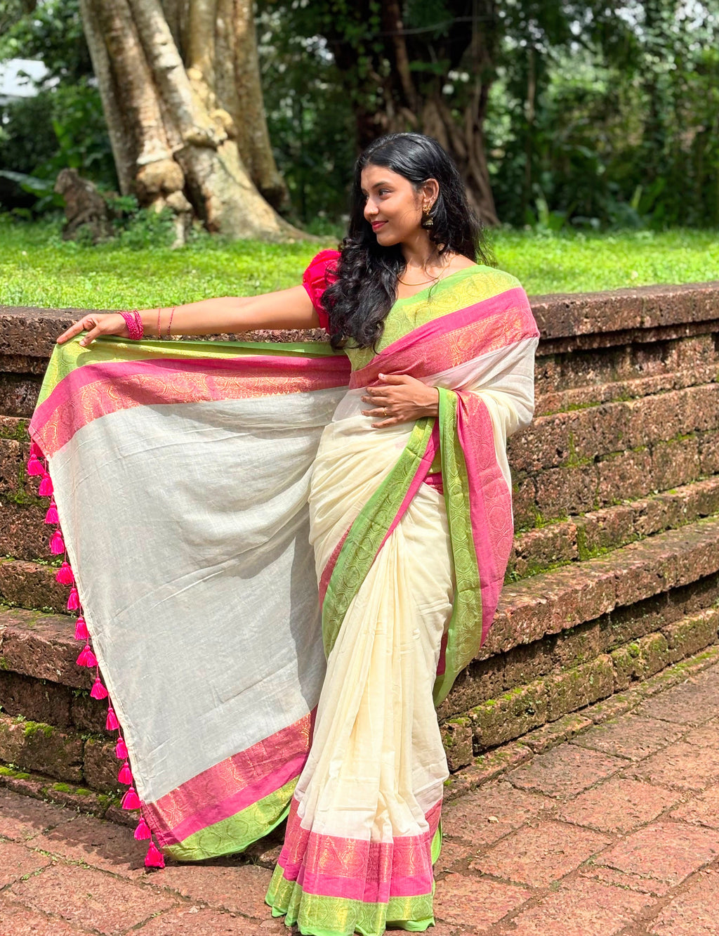 Mulcotton Saree with Banarasi Border (Free Ship)-2