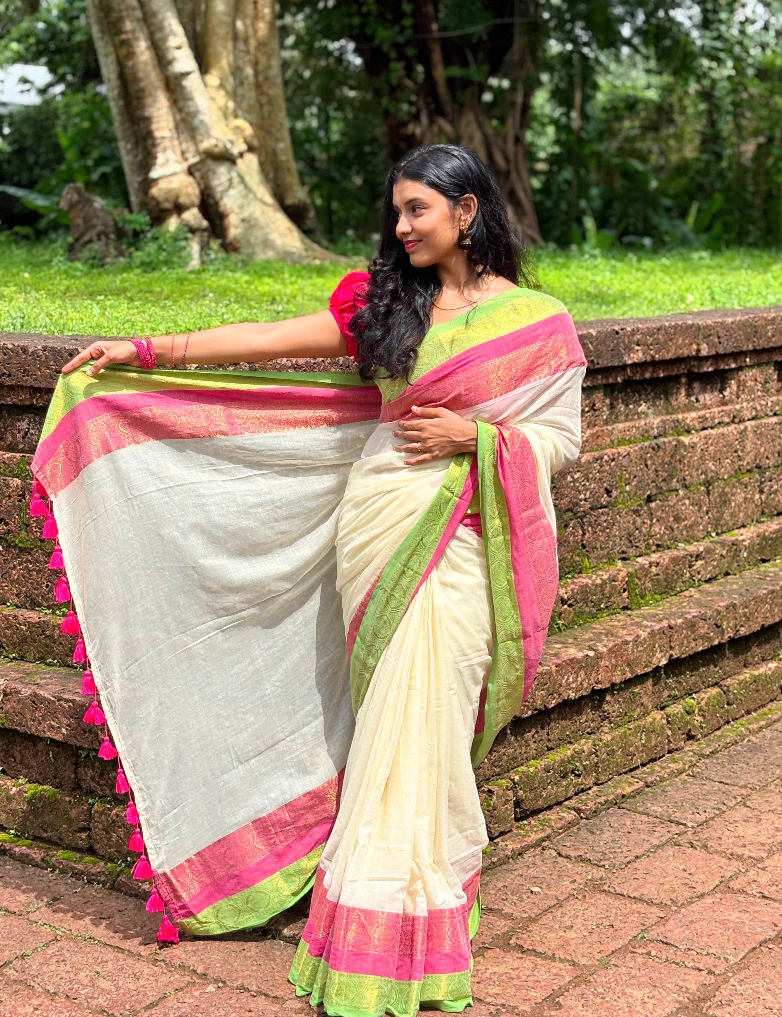Mulcotton Saree with Banarasi Border (Free Ship)-2