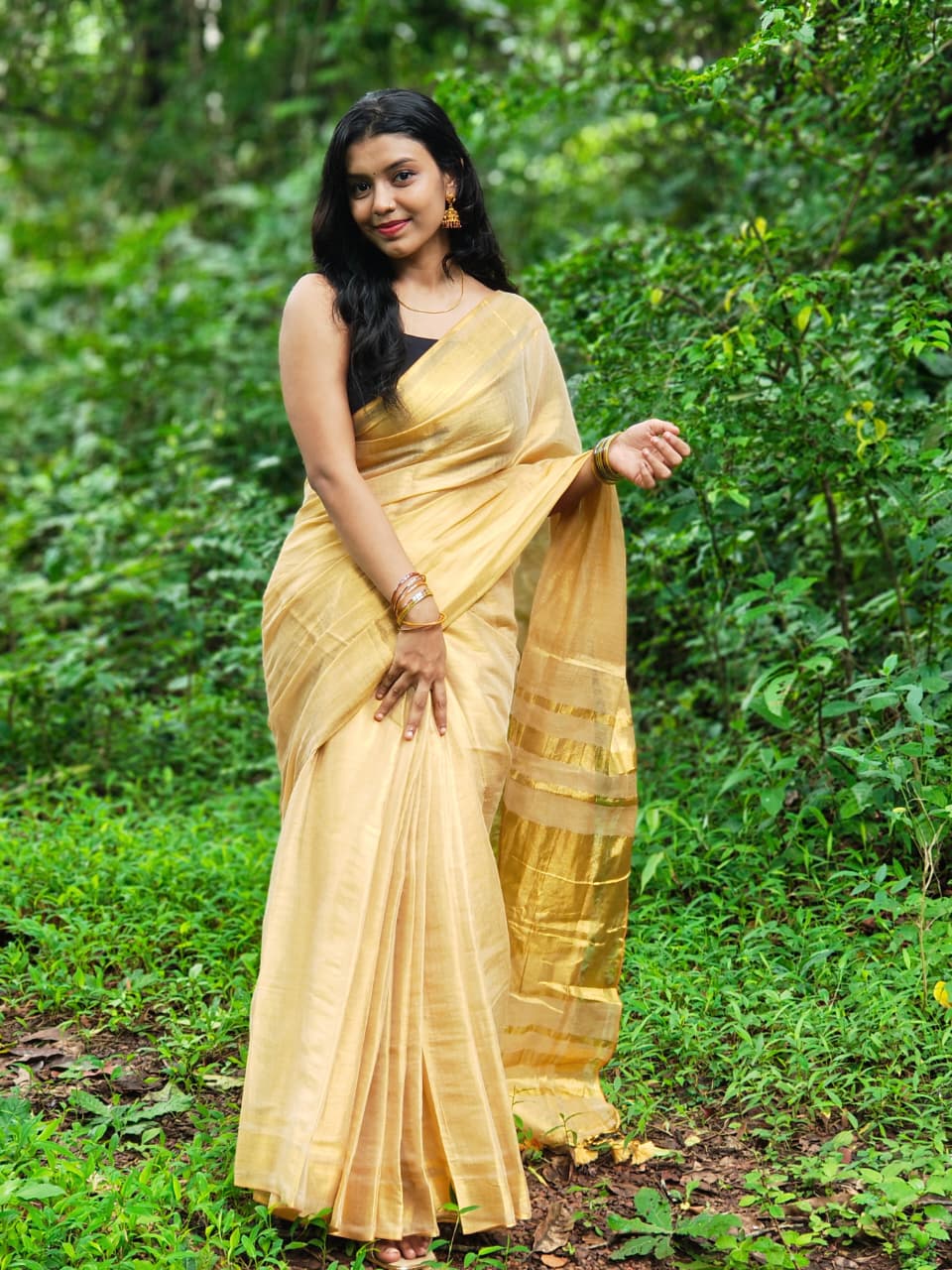 Golden Tissue Saree [ONS260002](Free Ship)