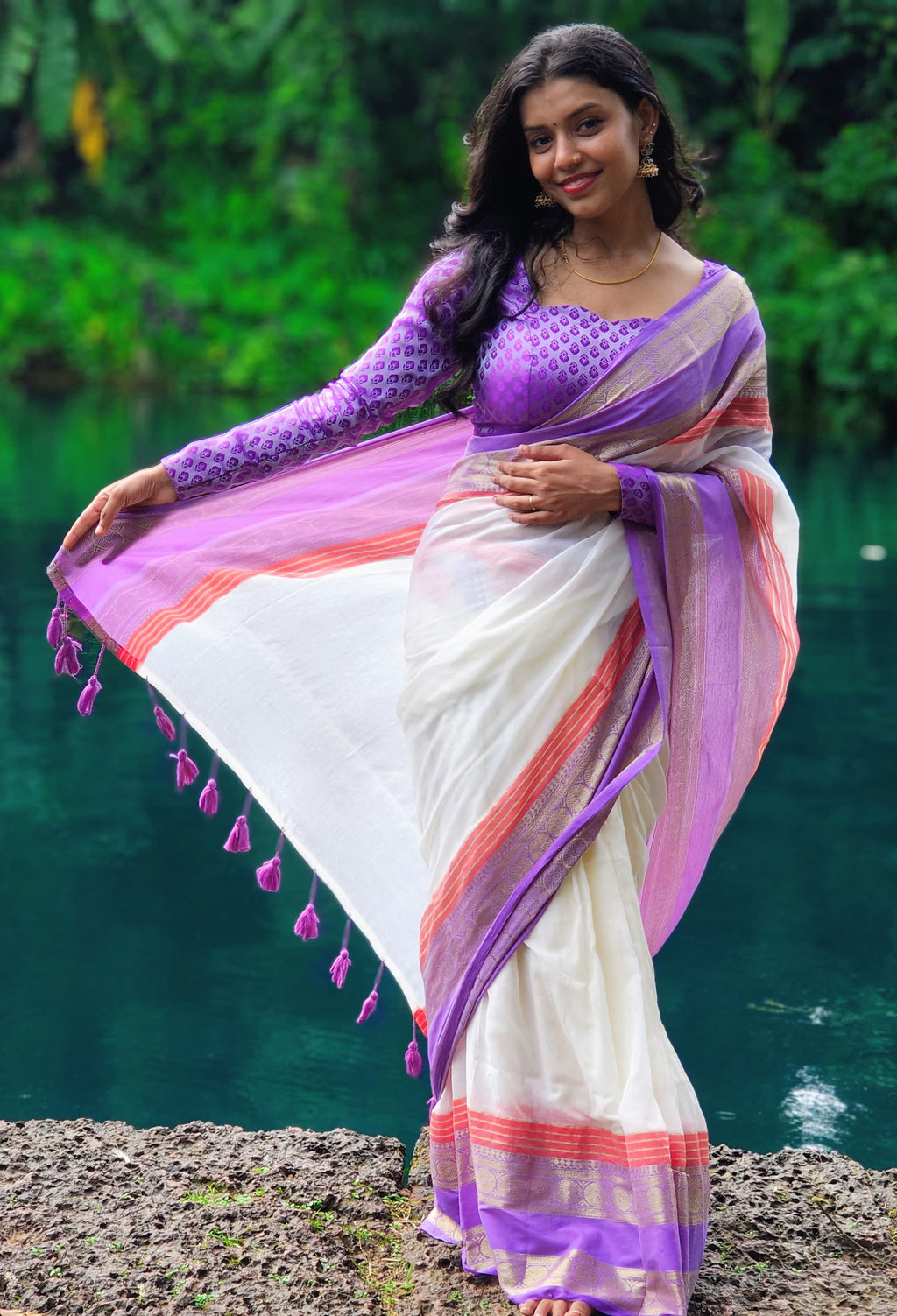 Mulcotton Saree with Banarasi Border (Free Ship)-1